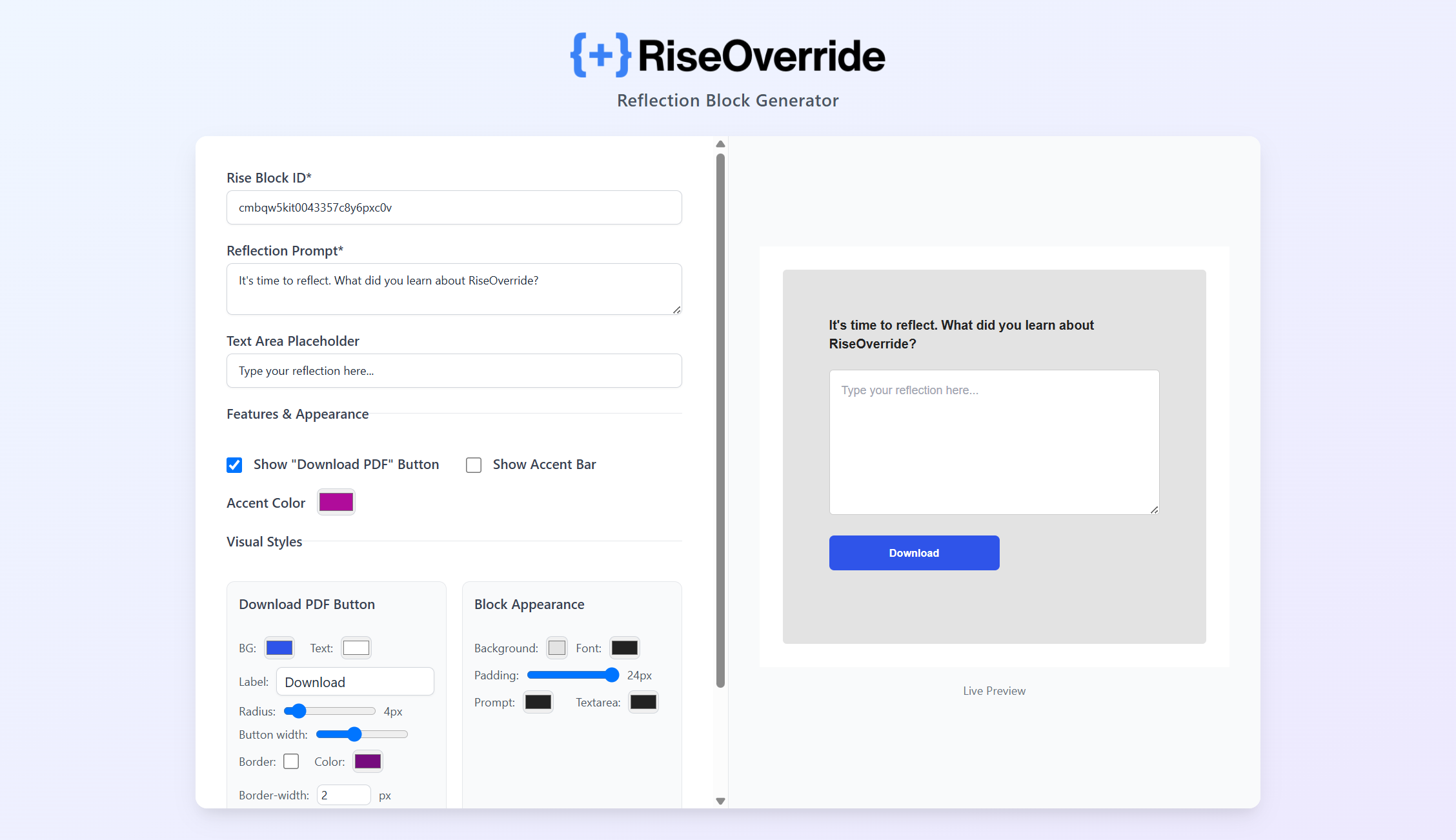 Screenshot of the Reflection Block Generator for RiseOverride Pro
